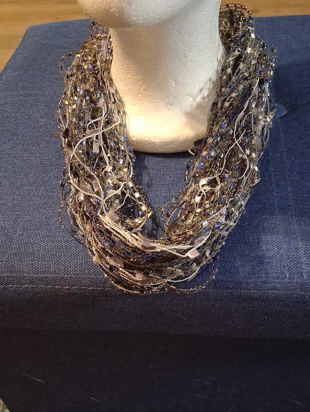 Multi-Strand Metallic Beaded Women’s Necklace - Silver/Tan
